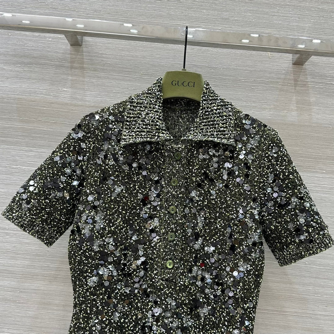 Gucci Knitted Polo Short-sleeved Top Green Wool