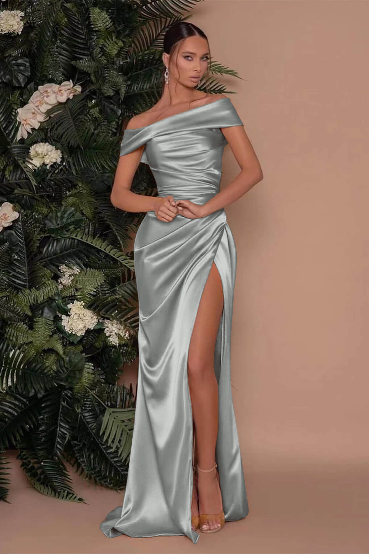 Champagne Off The Shoulder Prom Dress Charmeuse Slit Mermaid