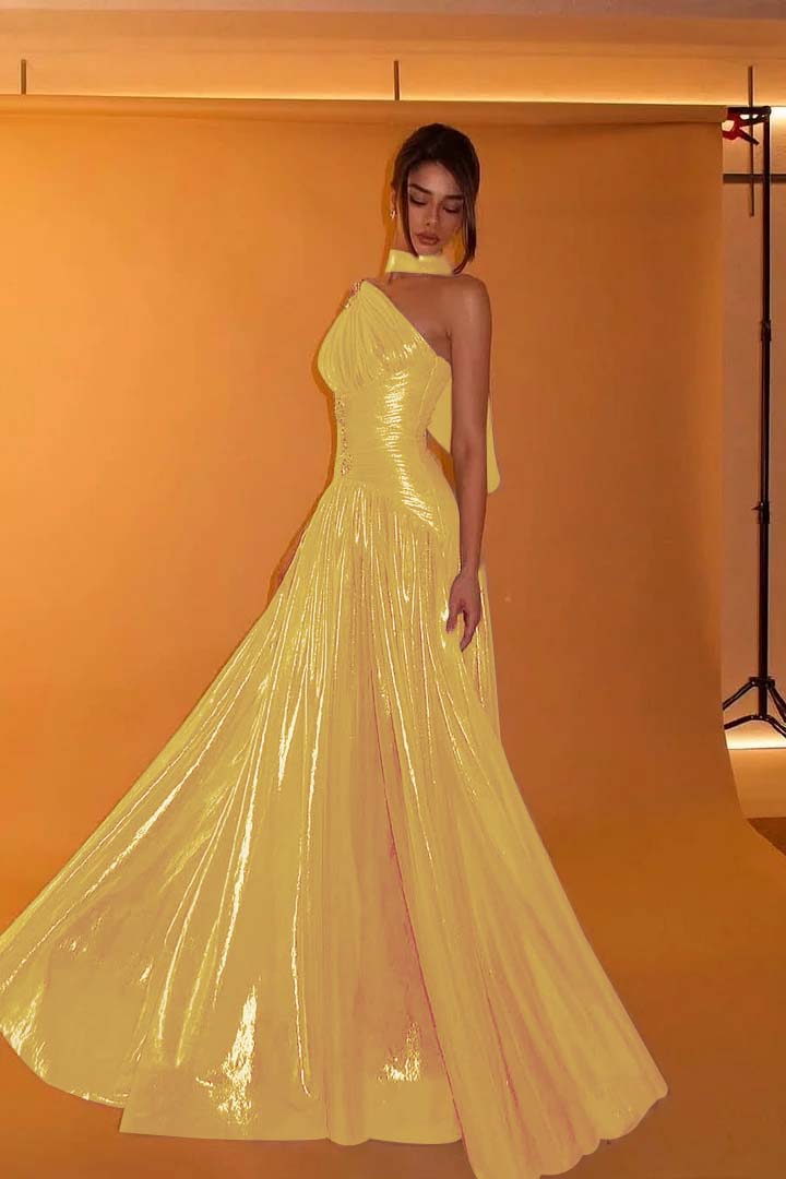 Charming One Shoulder Sleeveless Beaded Pleated Eevening Dress with Scarf