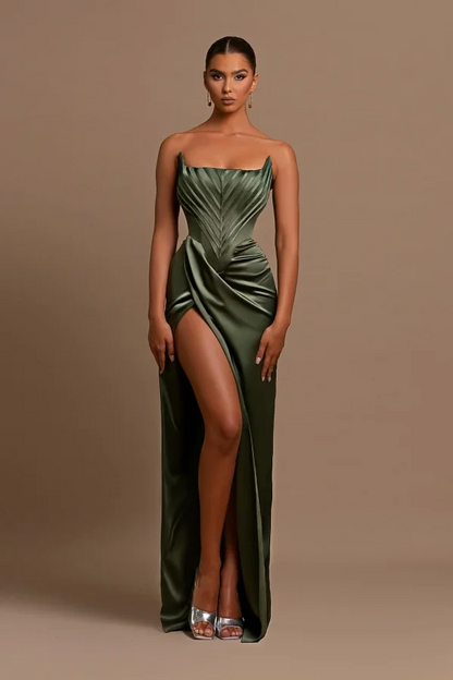 Elegant Dark Green Square Neck Slit Sleeveless Prom Dress With Pleats