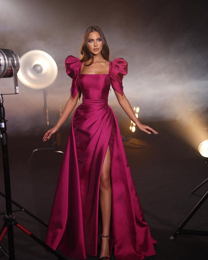 Fuchsia Short Sleeves Square Mermaid Pleated Prom Dress