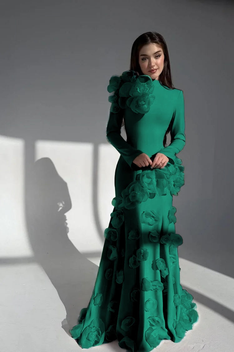 Elegant Long Sleeves Long Evening Dress With Handmade Flower