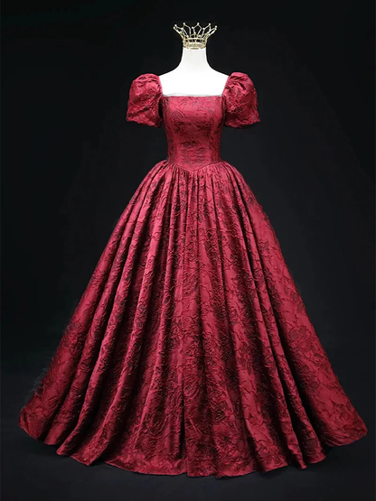 Vintage Square Neck Wine Red Prom Gown, Short Sleeves Evening Dress Party Dress  fg8725
