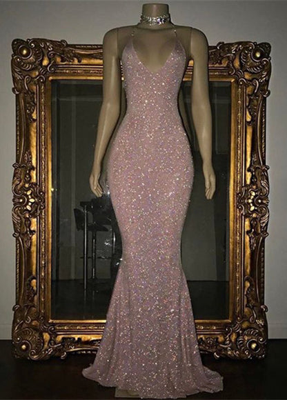 Elegant Halter Mermaid Evening Dress  V-Neck With Sequins