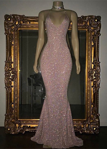 Elegant Halter Mermaid Evening Dress  V-Neck With Sequins