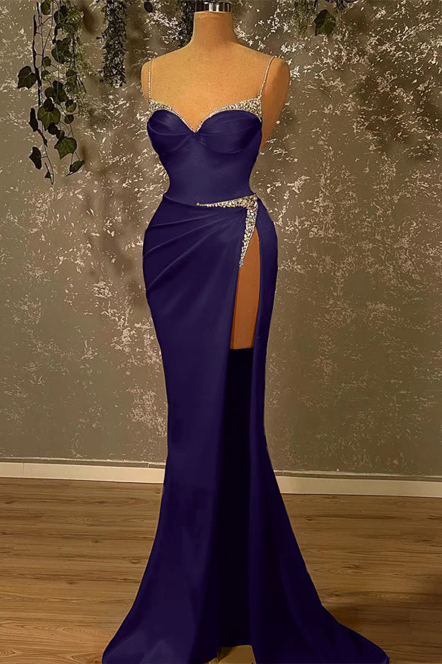 Spaghetti-Straps Beadings Burgundy Mermaid Prom Dress With Slit