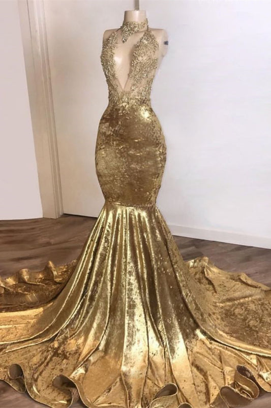 Golden Sleeveless Mermaid High Neck Prom Dress With Lace Appliques