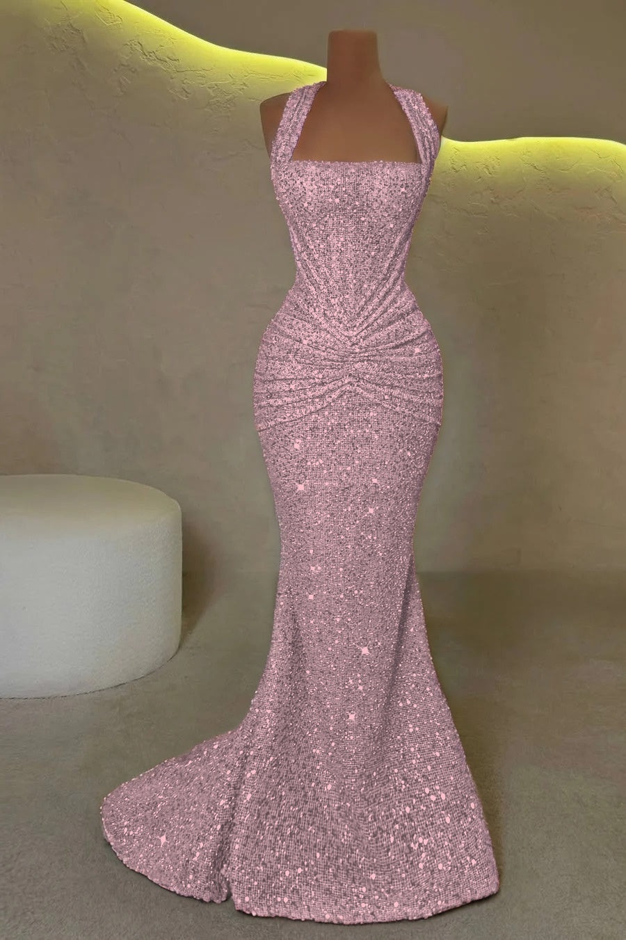 Gold Sleeveless Halter Straps Mermaid Prom Dress With Sequins