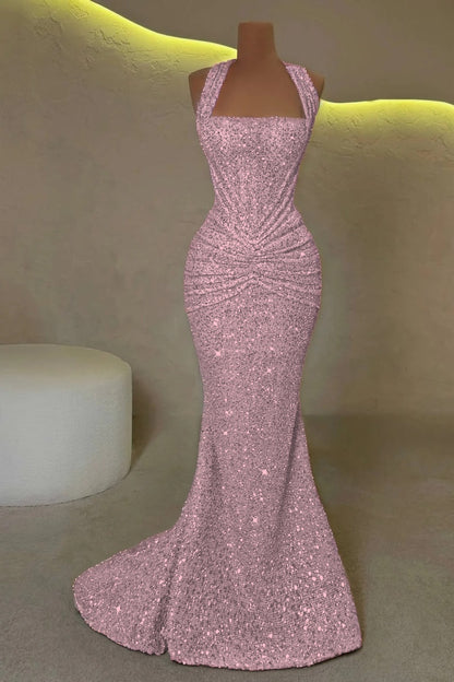 Gold Sleeveless Halter Straps Mermaid Prom Dress With Sequins