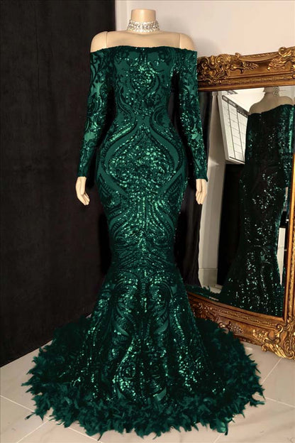 Long Sleeves Mermaid Prom Dress Sequins Burgundy With Feather