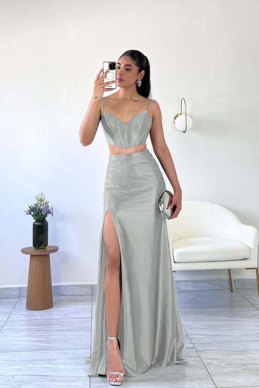Simple Dark Green Satin Spaghetti Strap Sleeveless Long Prom Dress with Split