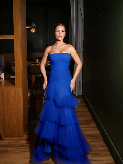 Stunning Straight Across Sleeveless Pleated Tulle Mermaid Evening Dress