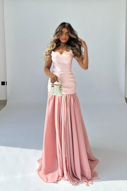 Glamorous Pink Sweetheart Long Mermaid Sleeveless Prom Dress with Pleated