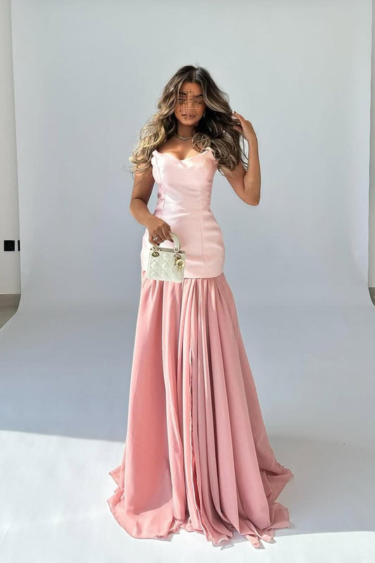 Glamorous Pink Sweetheart Long Mermaid Sleeveless Prom Dress with Pleated