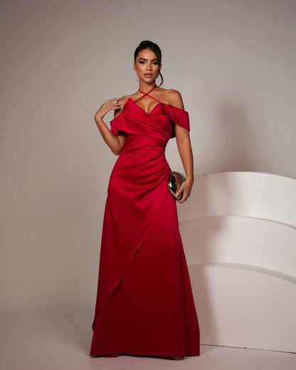 Baby Blue Sleeveless Halter Strap Off-Shoulders V-Neck Prom Dress