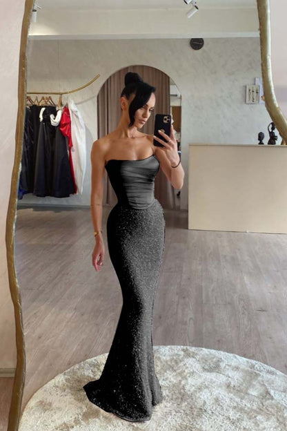 Pink Satin Sequins Spliced Strapless Mermaid Prom Dress