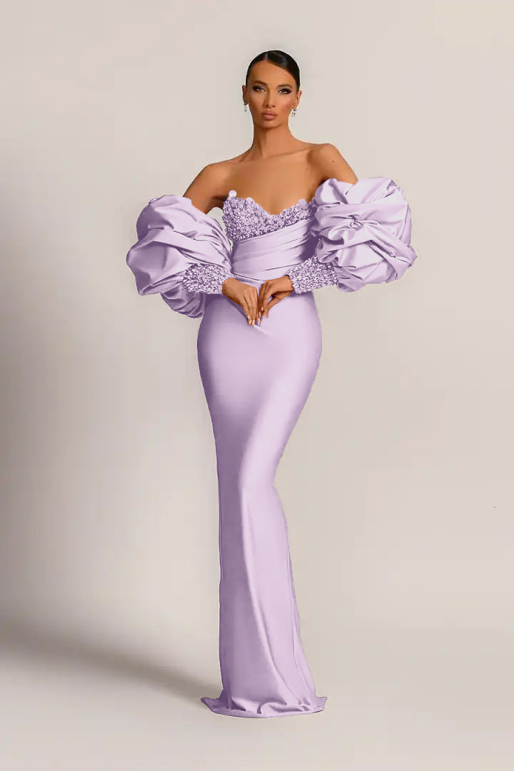 Purple Mermaid Prom Dress With Appliques Puff Sleeves