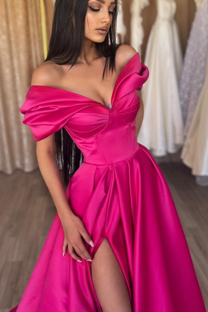A-Line Fuchsia Portrait Prom Dress With Slit
