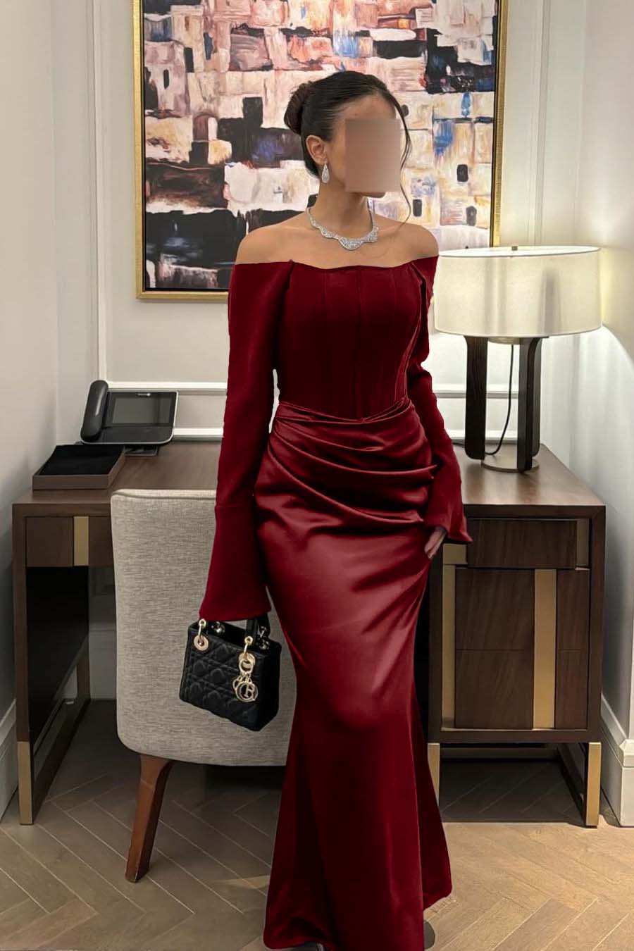 Chic Satin Regency Off the Shoulder Long Sleeves Mermaid Prom Dress with Pleated