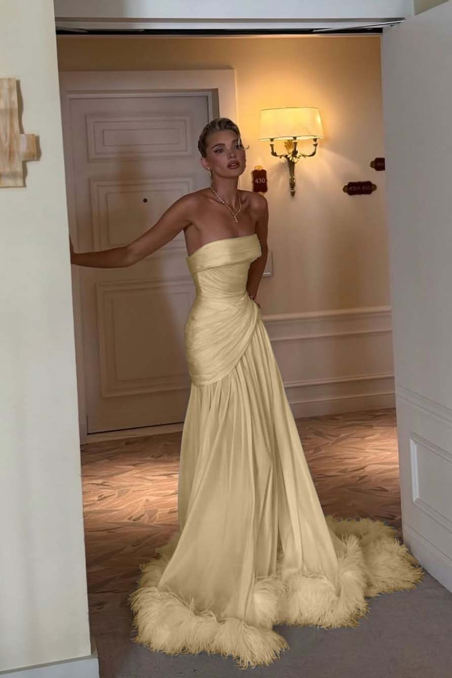 Sleeveless Strapless Square Prom Dress With Feather