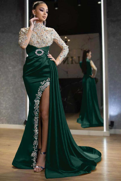 Royal Blue Long Sleeves Split Beadings Mermaid Prom Dress With Ruffles