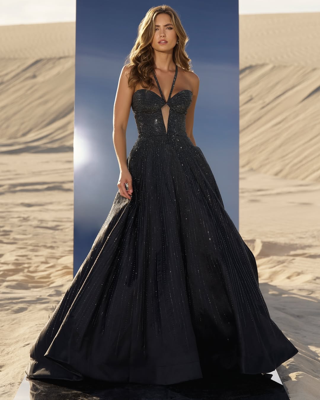 Black Sleeveless Halter Straps Beads A-Line Prom Dress With Keyhole