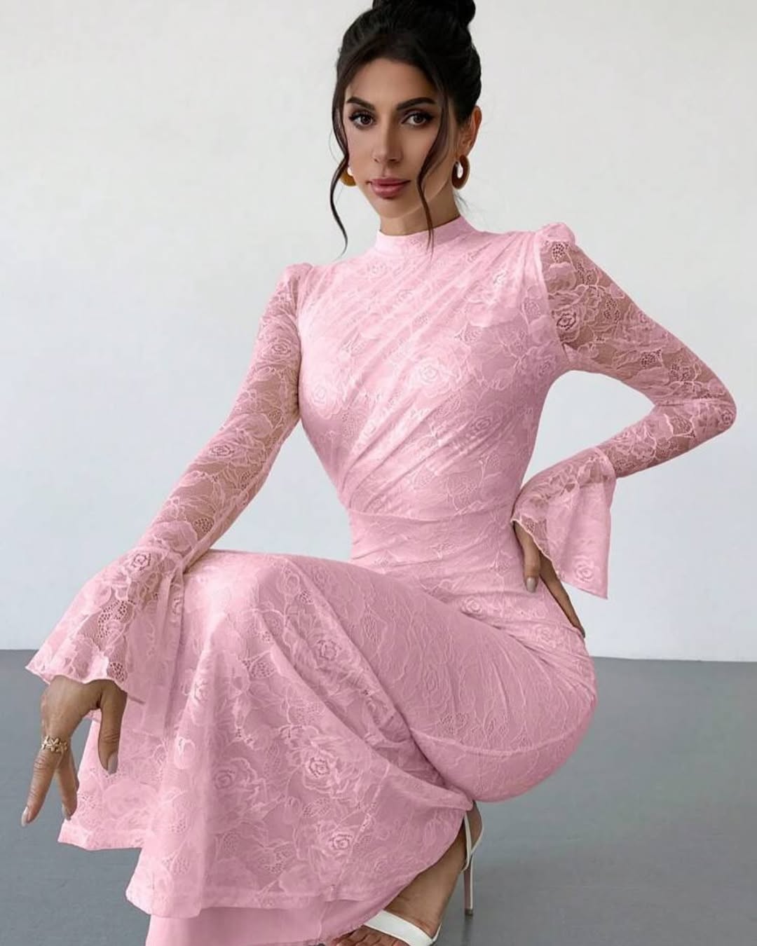 Glamorous Pink Lace Floral Half High Neck Long Sleeves Slim Prom Dress