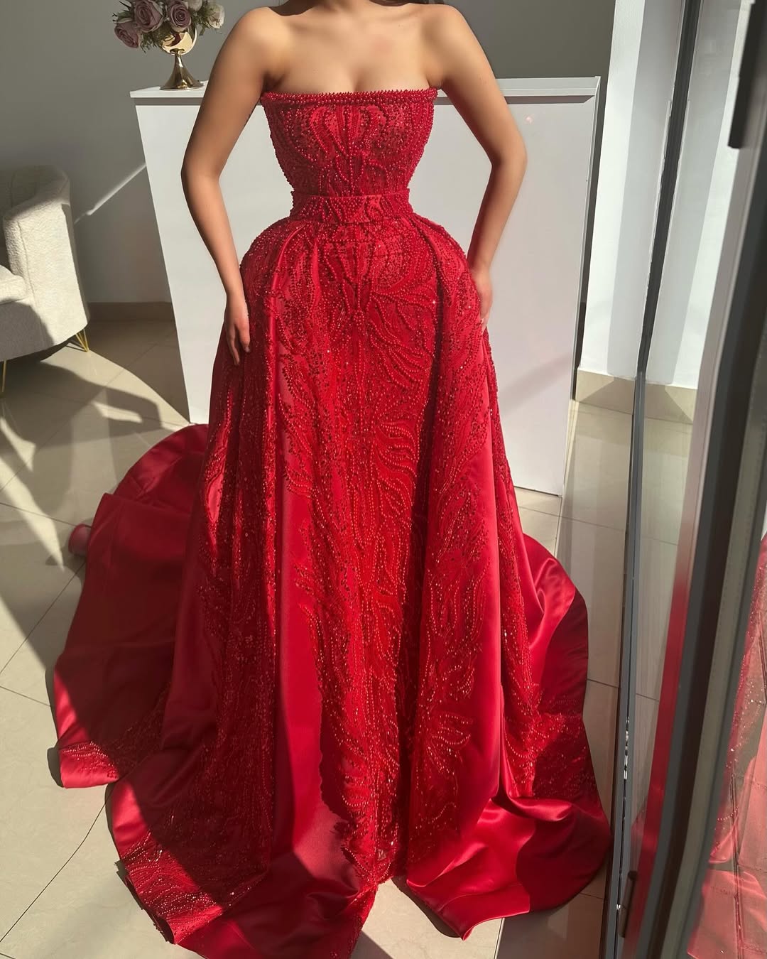 Red Sleeveless Strapless A-Line Mermaid Prom Dress With Beads