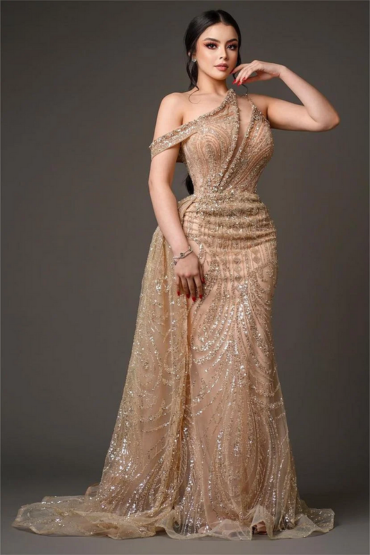 One-Shoulder Sleeveless Beaded Embroidery Mermaid Prom Dress