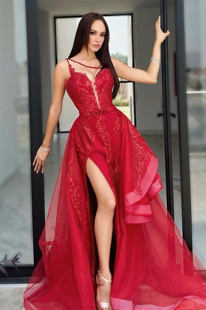 Stunning Red Tulle One Shoulder Sleeveless Applique Split Prom Dress with Ruffles
