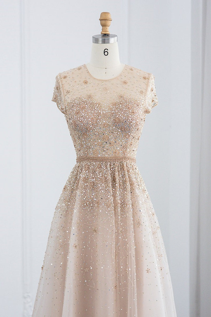 Glamorous Jewel Neck A Line Evening Dress Tulle With Appliques Sequins