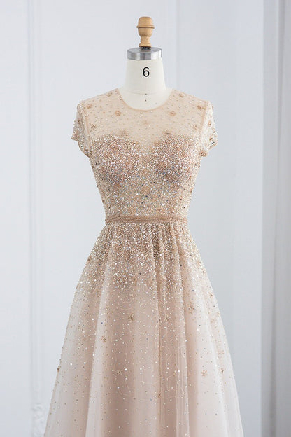 Glamorous Jewel Neck A Line Evening Dress Tulle With Appliques Sequins