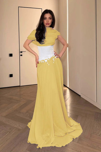 Stunning Chiffon Pleated Embroidery Evening Dress with Draped Shawl Neck