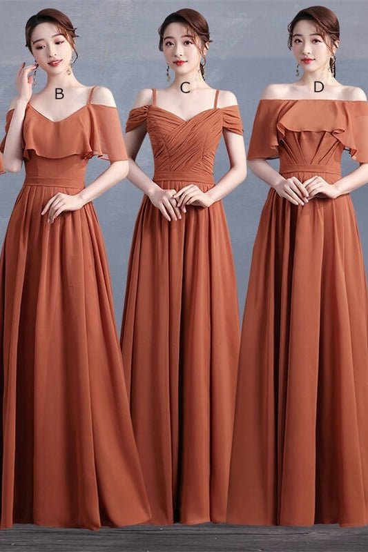 4 Styles Rust Orange Chiffon Long Mismatched Bridesmaid Dresses