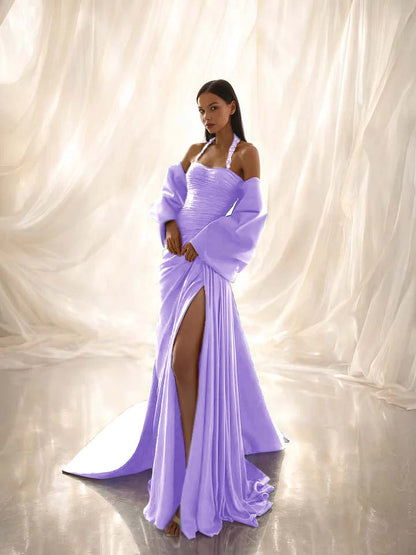 Charming Dark Green Halter Straps Pleated Split Evening Dress With Shawl