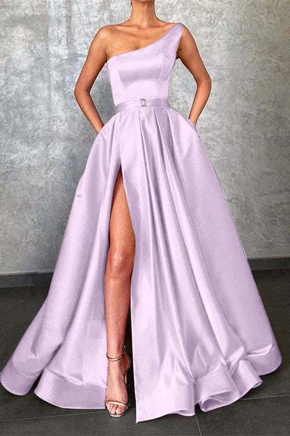 Glamorous One Shoulder Red Prom Dress Slit With Pockets