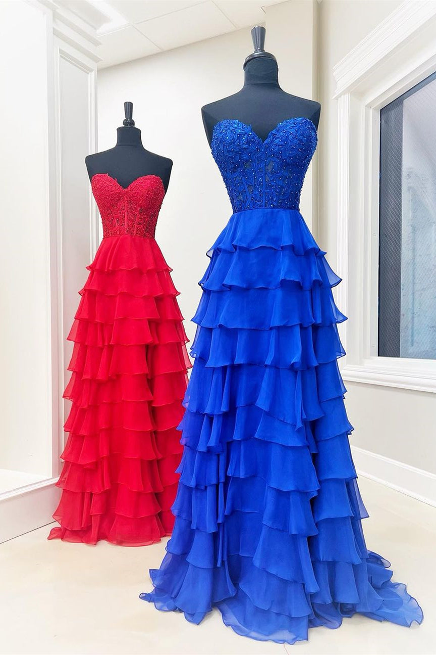 Royal Blue Appliques Strapless A-line Layers Long Prom Dress