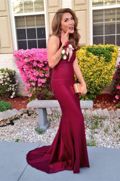 Burgundy Modern V-Neck Sleeveless Prom Dress