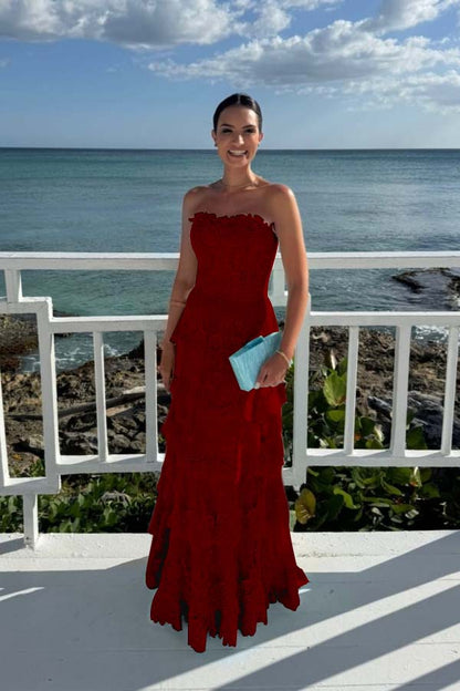 Elegant Mint Green Lace Strapless Sleeveless Prom Dress with Ruffles