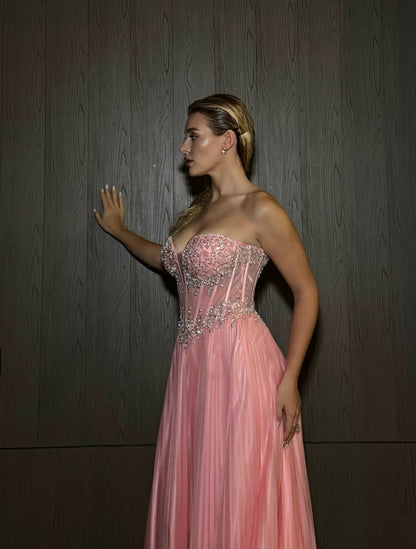 Gorgeous Pink Sweetheart Sleeveless Sequins Beaded Pleated Prom Dress