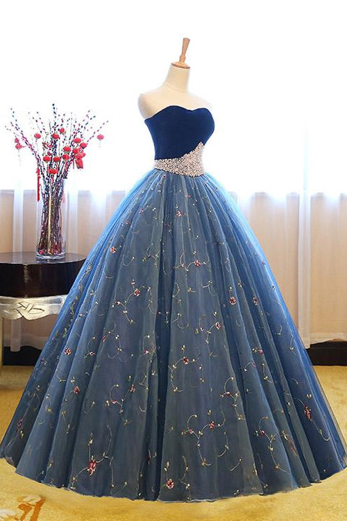 Royal Blue Sweetheart Ball Grown Evening Dress Pearl With Appliques Sleeveles