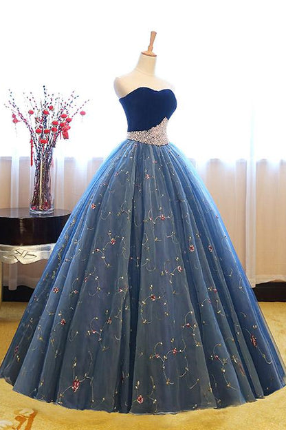 Royal Blue Sweetheart Ball Grown Evening Dress Pearl With Appliques Sleeveles