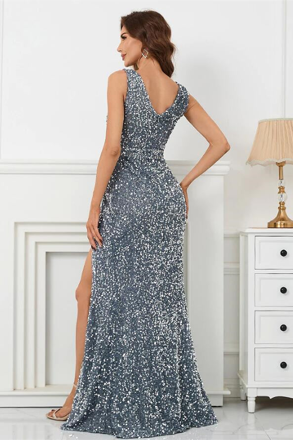 Sliver V-Neck Mermaid Sleeveless Prom Dress With Split Sequins