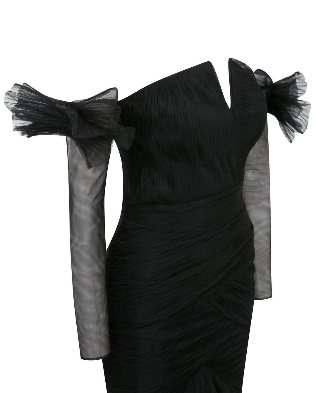 Glamorous Tulle Black Removable Long Sleeves Mermaid Prom Dress with Bow