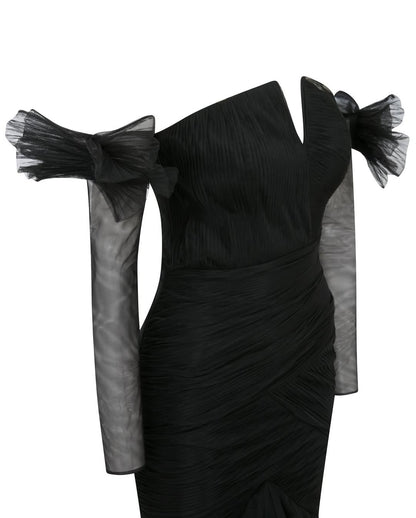 Glamorous Tulle Black Removable Long Sleeves Mermaid Prom Dress with Bow