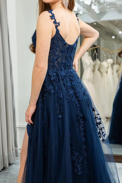 Dark Navy Sweetheart Lace Appliques Tulle A-line Prom Dress