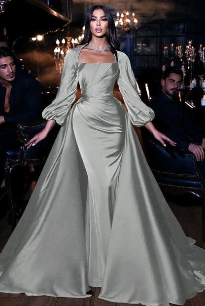 Square Emerald Long Sleeves Mermaid Prom Dress With Ruffles
