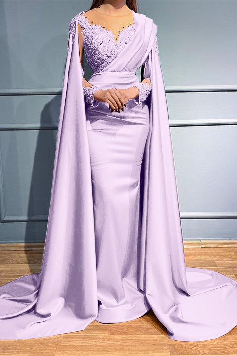 Rust Long Sleeves Beads Appliques Mermaid Evening Dress With Ruffles