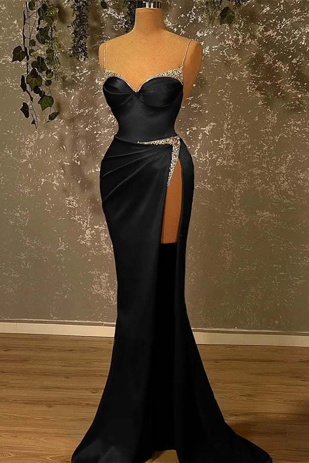 Spaghetti-Straps Beadings Burgundy Mermaid Prom Dress With Slit