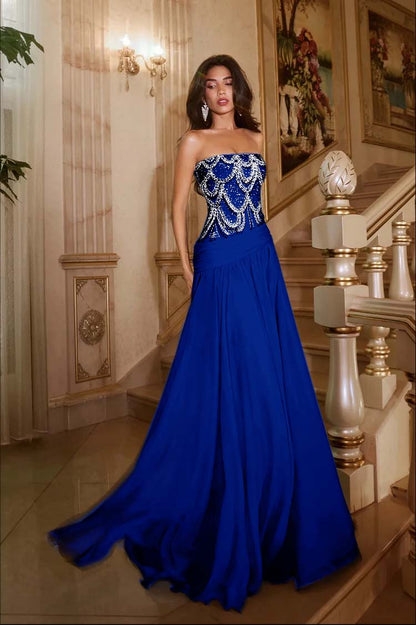 Exquisite DarkNavy Chiffon Sleeveless Strapless Evening Dress with Sequins